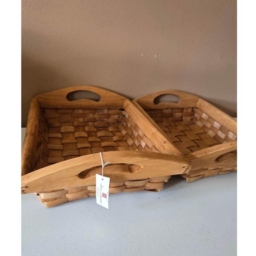Home Interiors Woven Wood Nesting Baskets Set‎ of 2 Rectangular Trays w/ Handles